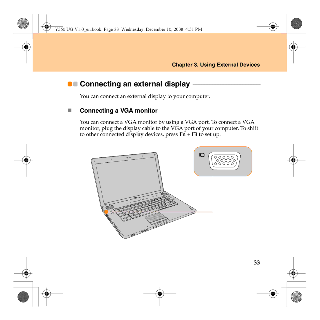 Lenovo Y550 manual Connecting an external display, „ Connecting a VGA monitor 