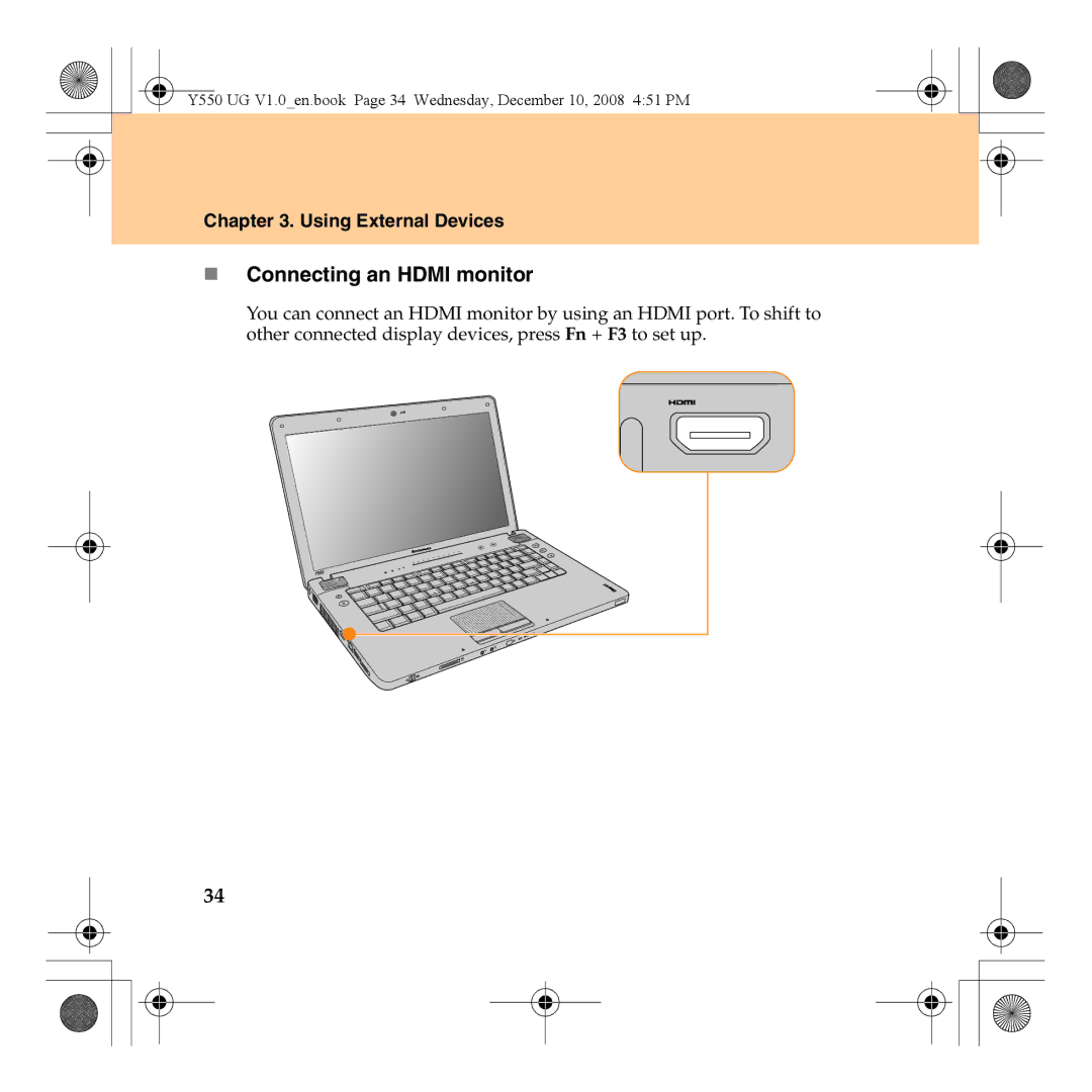 Lenovo Y550 manual „ Connecting an Hdmi monitor 