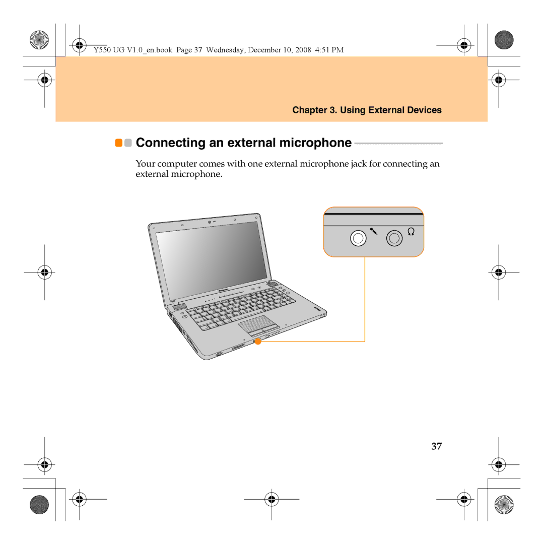 Lenovo Y550 manual Connecting an external microphone 