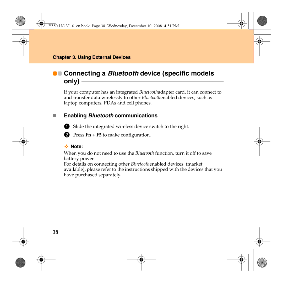 Lenovo Y550 manual „ Enabling Bluetooth communications 