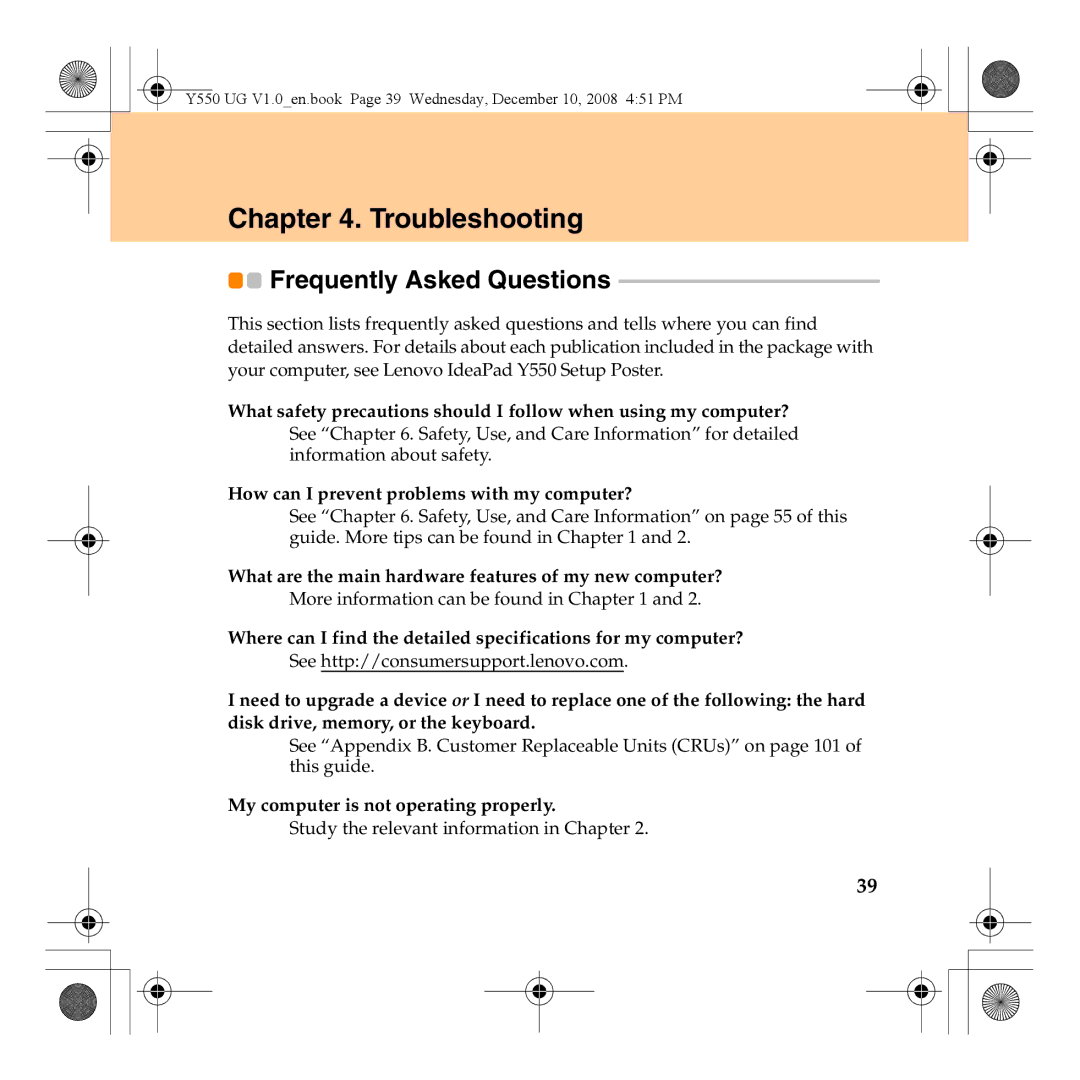 Lenovo Y550 manual Troubleshooting, Frequently Asked Questions 