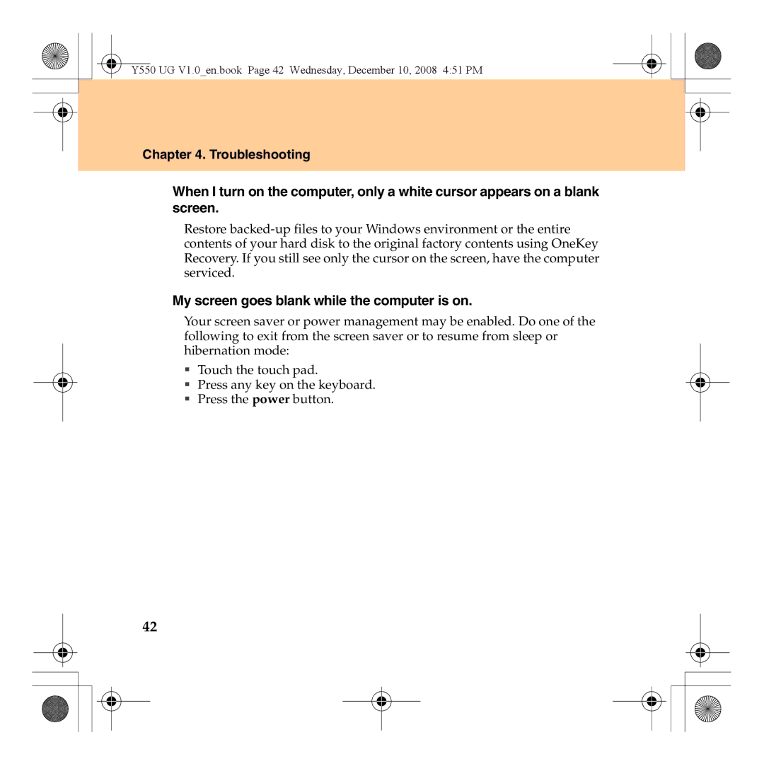 Lenovo Y550 manual My screen goes blank while the computer is on 