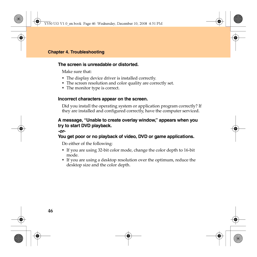 Lenovo Y550 manual Troubleshooting Screen is unreadable or distorted, Incorrect characters appear on the screen 