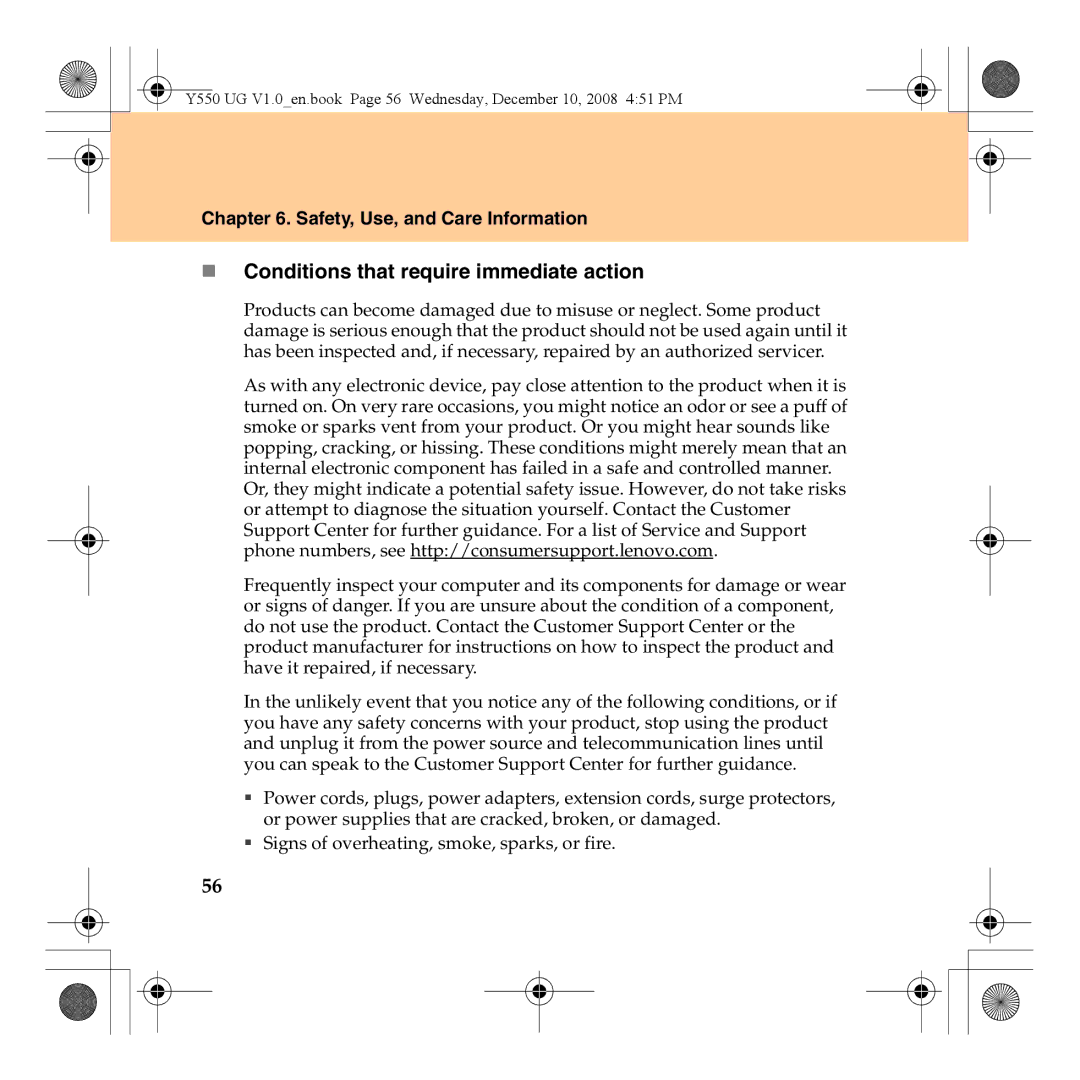 Lenovo Y550 manual „ Conditions that require immediate action, Safety, Use, and Care Information 