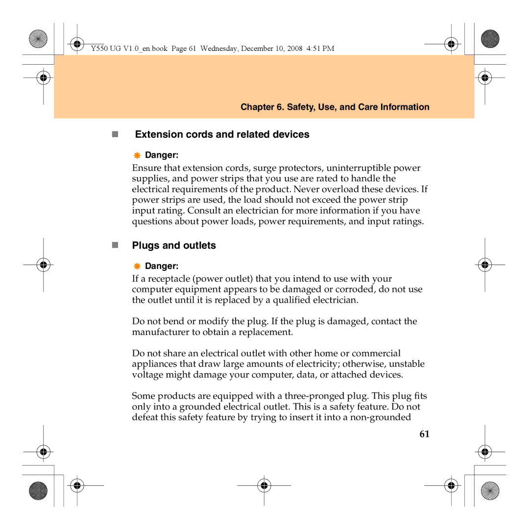 Lenovo Y550 manual „ Extension cords and related devices, „ Plugs and outlets 