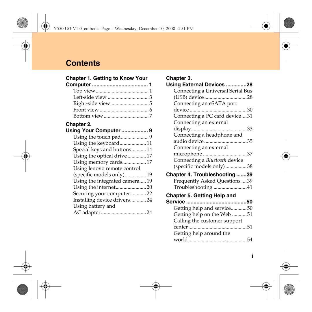 Lenovo Y550 manual Contents 