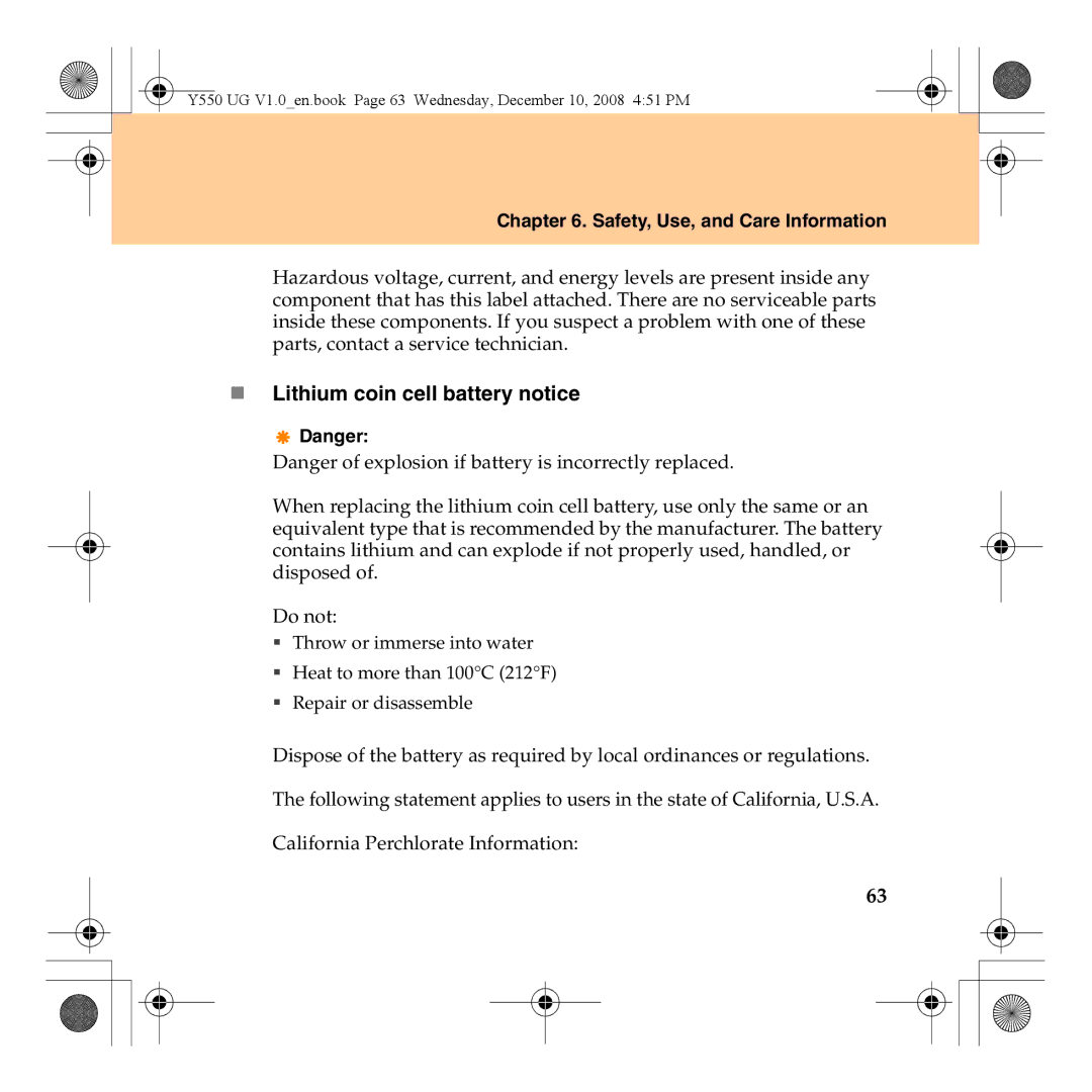 Lenovo Y550 manual „ Lithium coin cell battery notice 