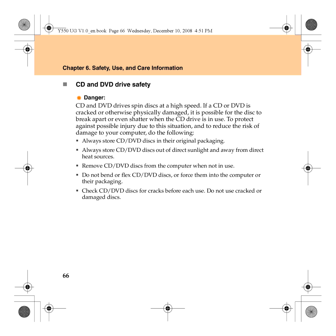 Lenovo Y550 manual „ CD and DVD drive safety 