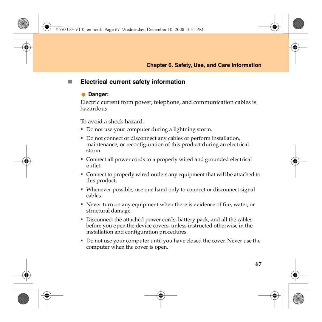 Lenovo Y550 manual „ Electrical current safety information 