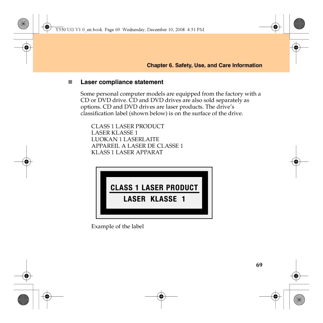 Lenovo Y550 manual „ Laser compliance statement 