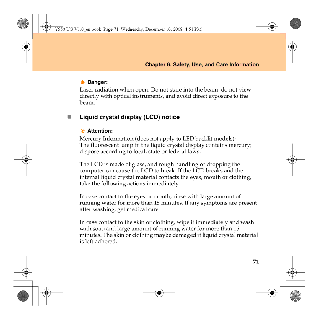 Lenovo Y550 manual „ Liquid crystal display LCD notice 