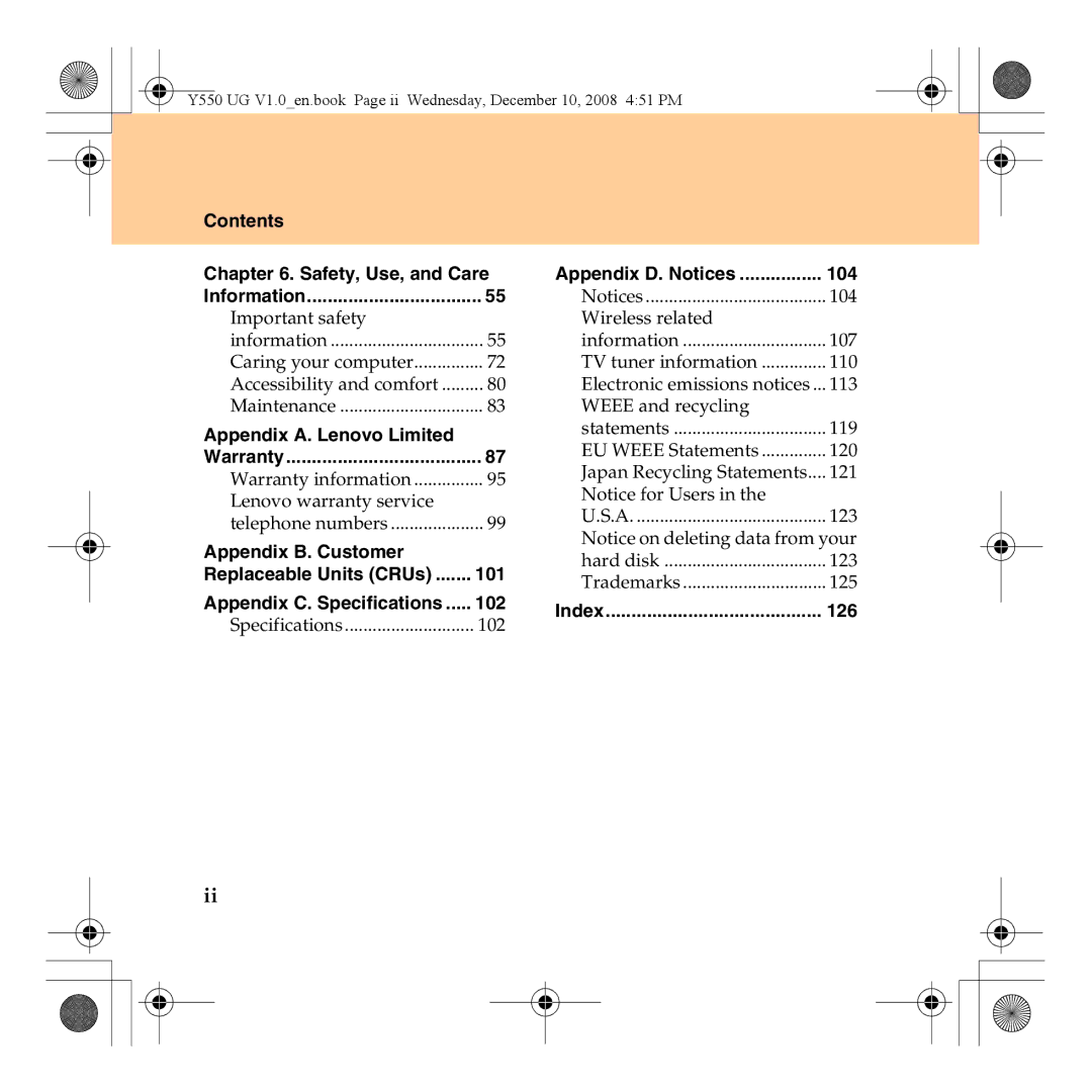 Lenovo Y550 manual Contents, Appendix A. Lenovo Limited, Appendix B. Customer, 101, 102, 104, Index 126 