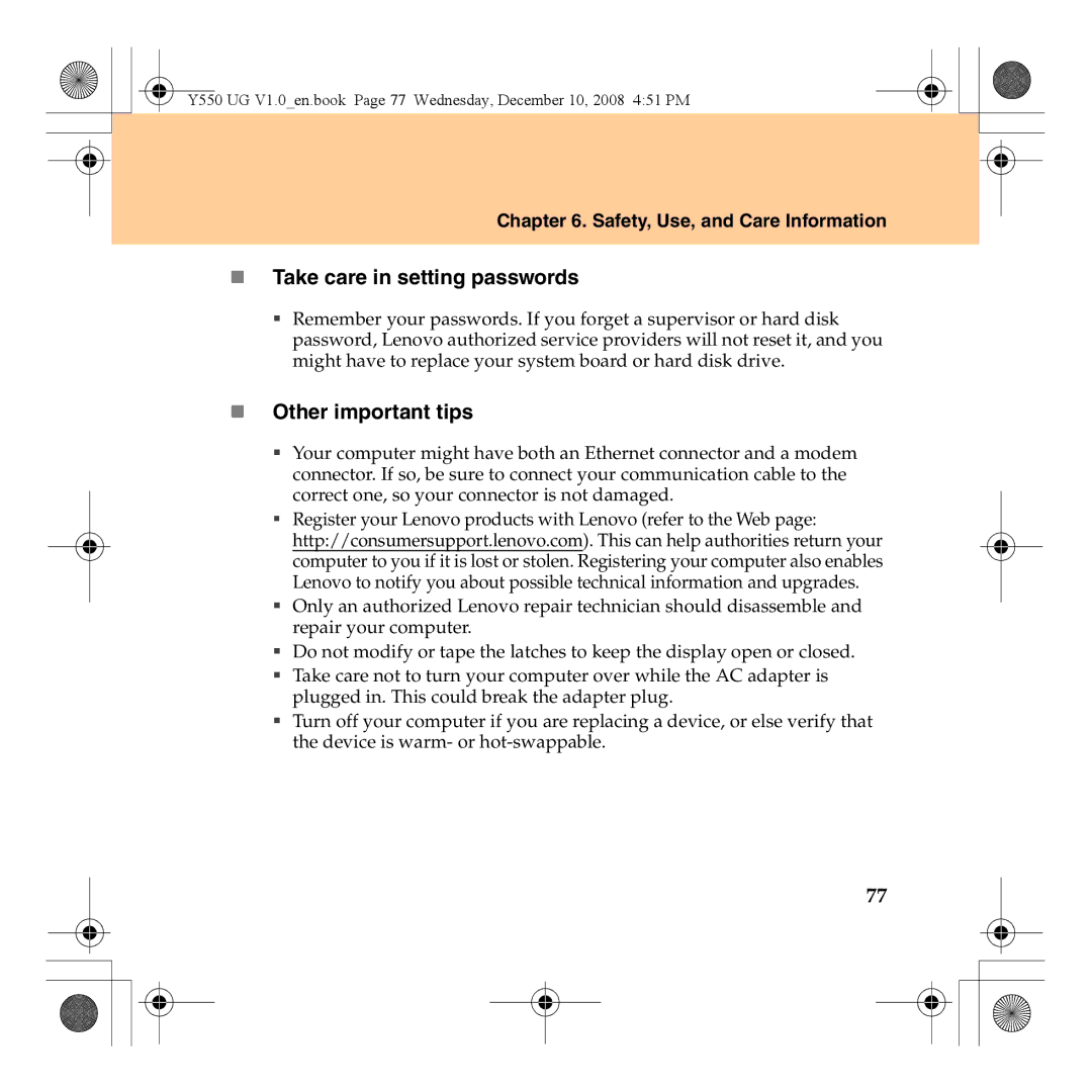 Lenovo Y550 manual „ Take care in setting passwords, „ Other important tips 