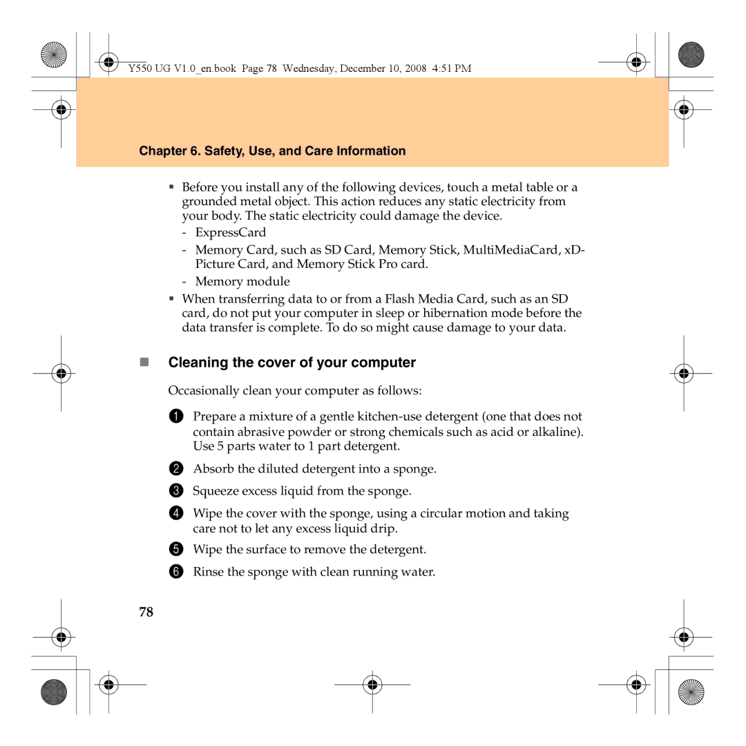 Lenovo Y550 manual „ Cleaning the cover of your computer 