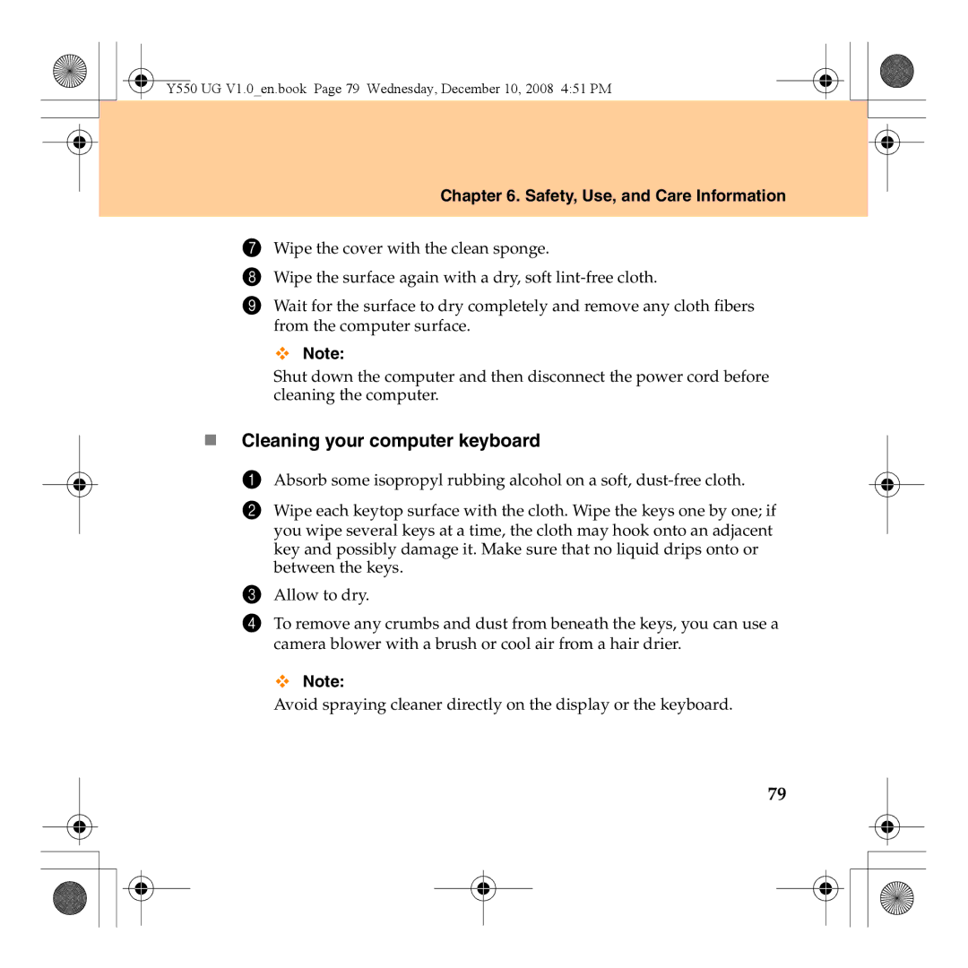 Lenovo Y550 manual „ Cleaning your computer keyboard 