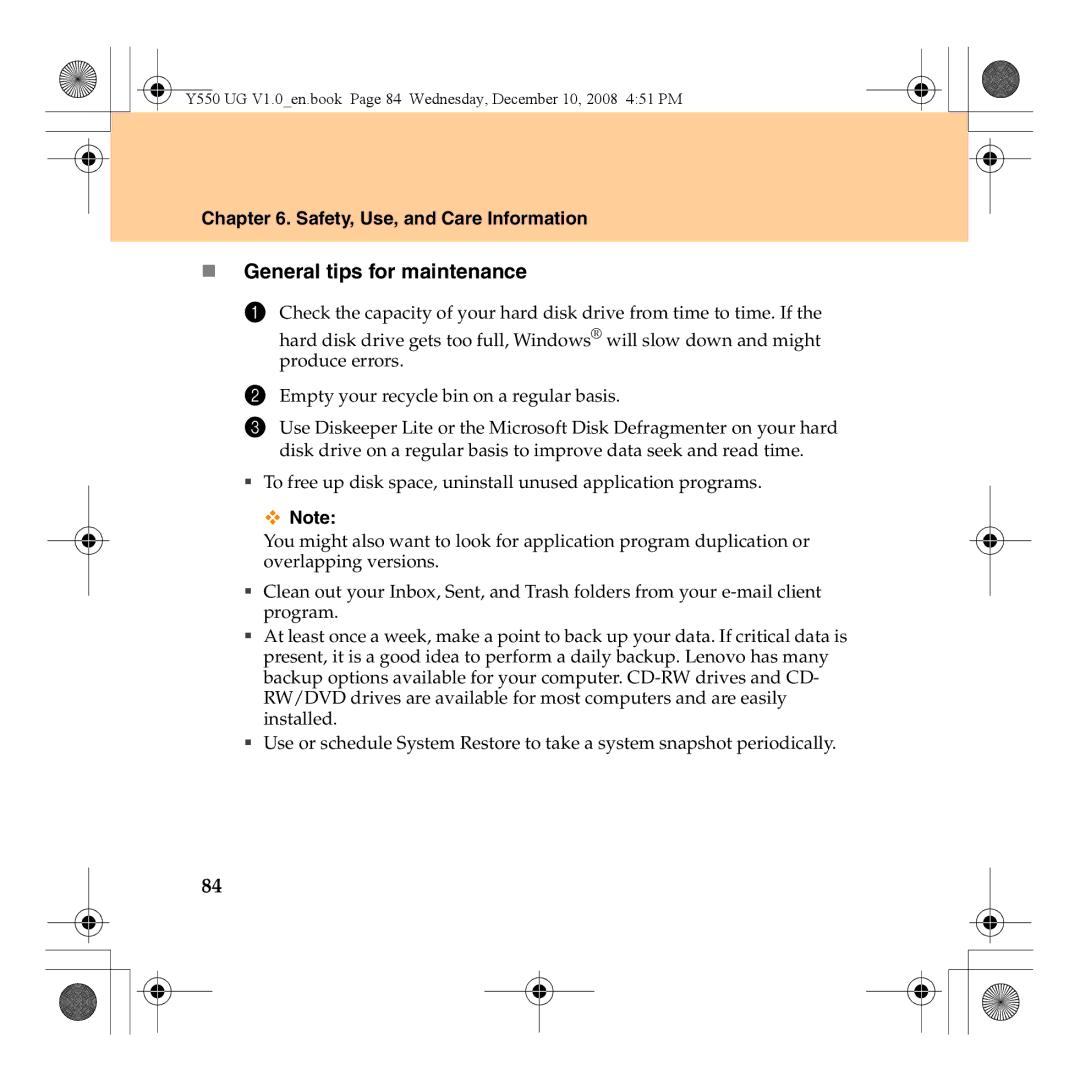 Lenovo Y550 manual „ General tips for maintenance 