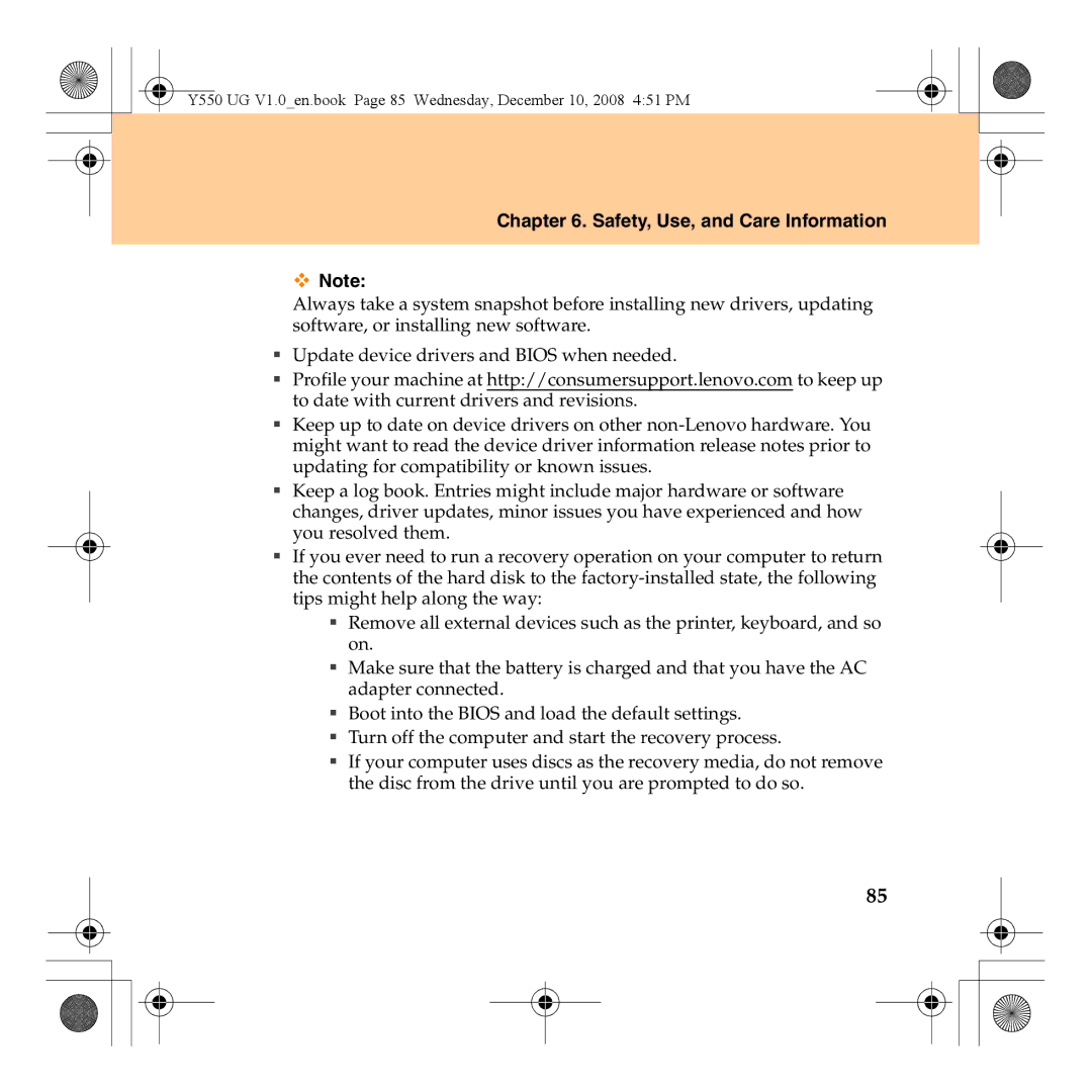 Lenovo Y550 manual Safety, Use, and Care Information 