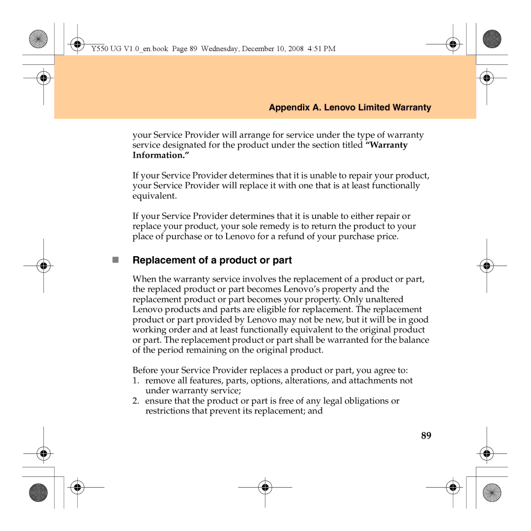 Lenovo Y550 manual „ Replacement of a product or part, Information 