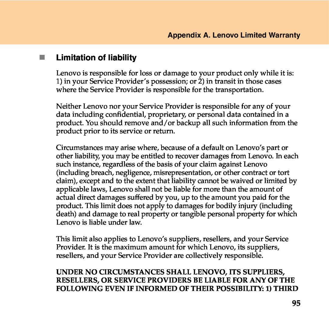 Lenovo Y550P manual „ Limitation of liability, Appendix A. Lenovo Limited Warranty 