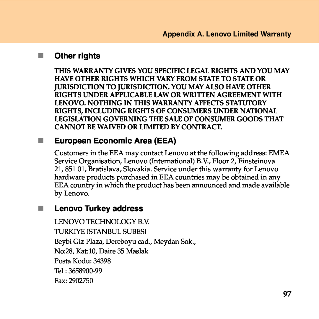 Lenovo Y550P „ Other rights, „ European Economic Area EEA, „ Lenovo Turkey address, Appendix A. Lenovo Limited Warranty 
