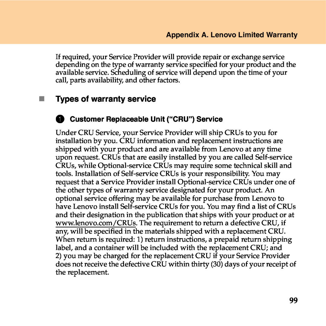 Lenovo Y550P „ Types of warranty service, Appendix A. Lenovo Limited Warranty, Customer Replaceable Unit “CRU” Service 