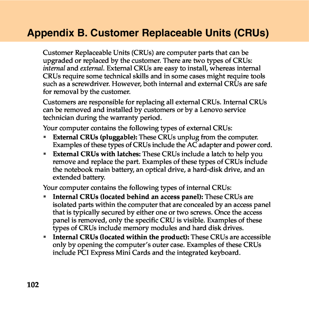 Lenovo Y550P manual Appendix B. Customer Replaceable Units CRUs 