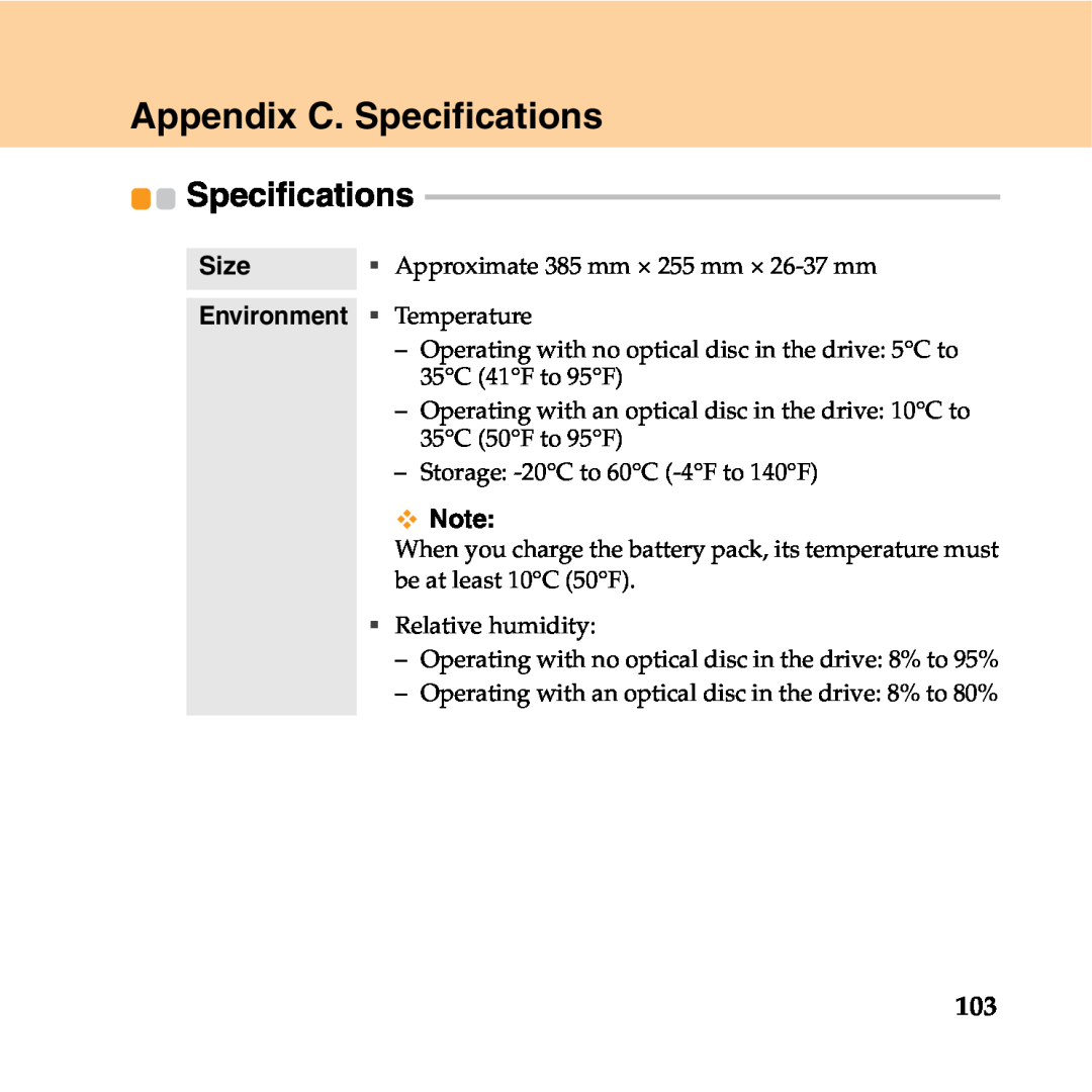 Lenovo Y550P manual Appendix C. Specifications, Size, Environment ƒ Temperature 