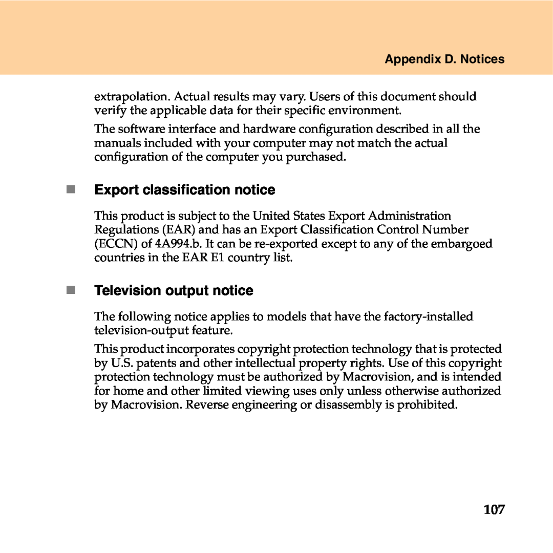 Lenovo Y550P manual „ Export classification notice, „ Television output notice, Appendix D. Notices 