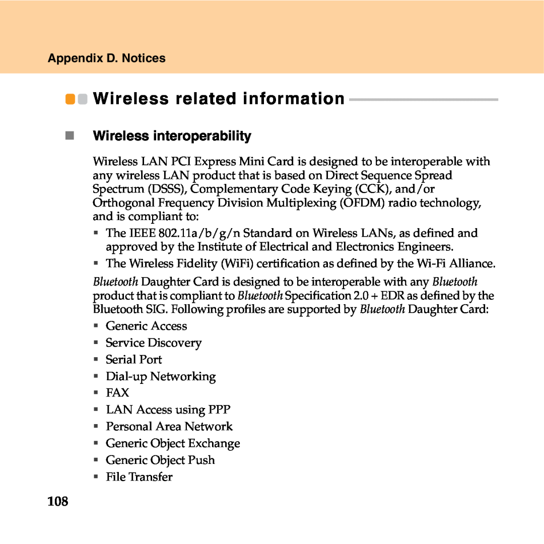 Lenovo Y550P manual Wireless related information, „ Wireless interoperability, Appendix D. Notices 