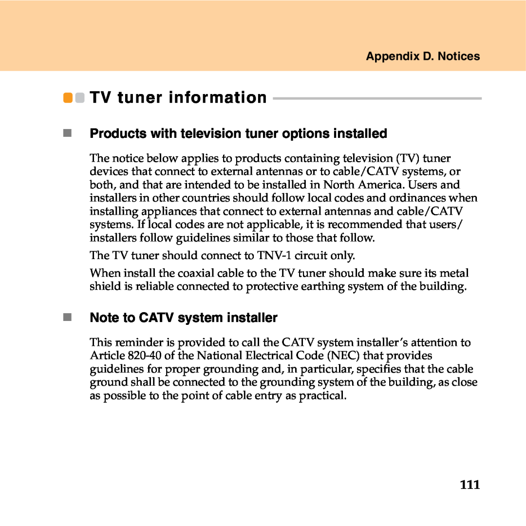 Lenovo Y550P TV tuner information, „ Products with television tuner options installed, „ Note to CATV system installer 