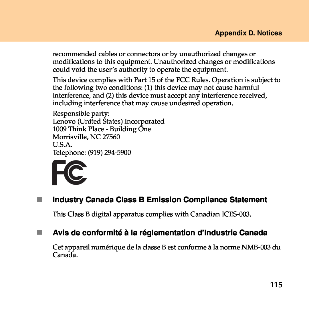 Lenovo Y550P manual „ Industry Canada Class B Emission Compliance Statement, Appendix D. Notices 