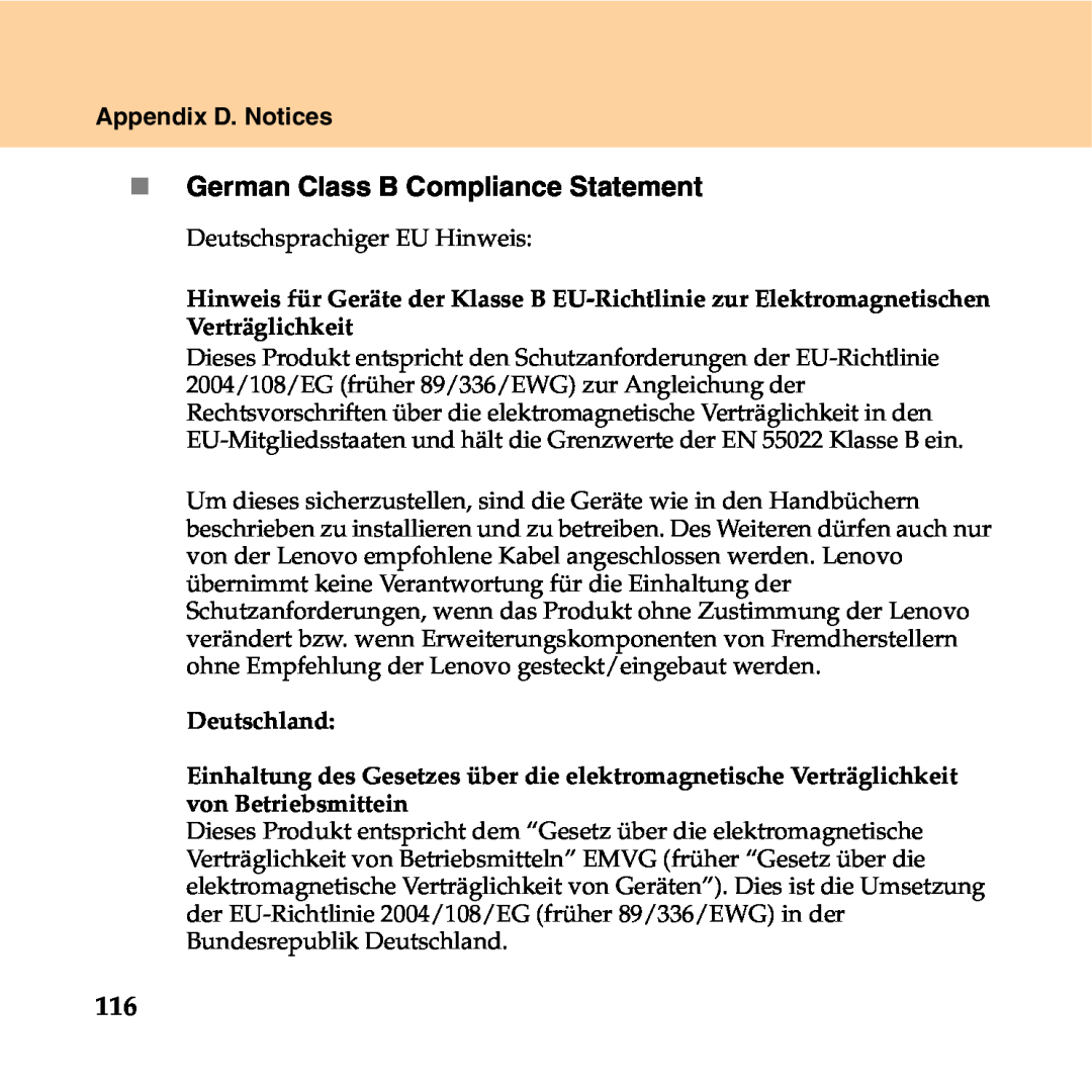 Lenovo Y550P manual „ German Class B Compliance Statement, Appendix D. Notices 