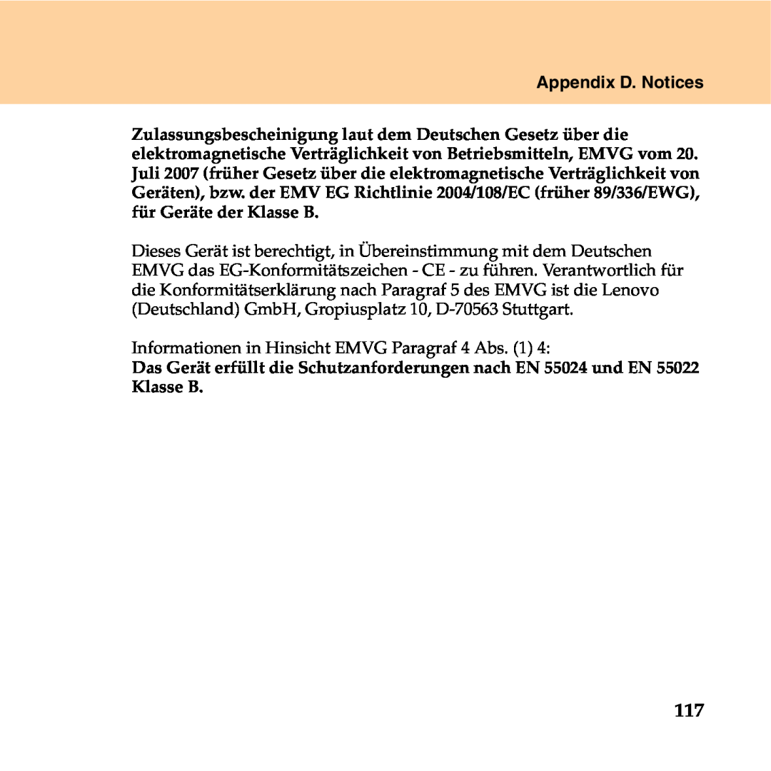 Lenovo Y550P manual Appendix D. Notices, Informationen in Hinsicht EMVG Paragraf 4 Abs. 1 