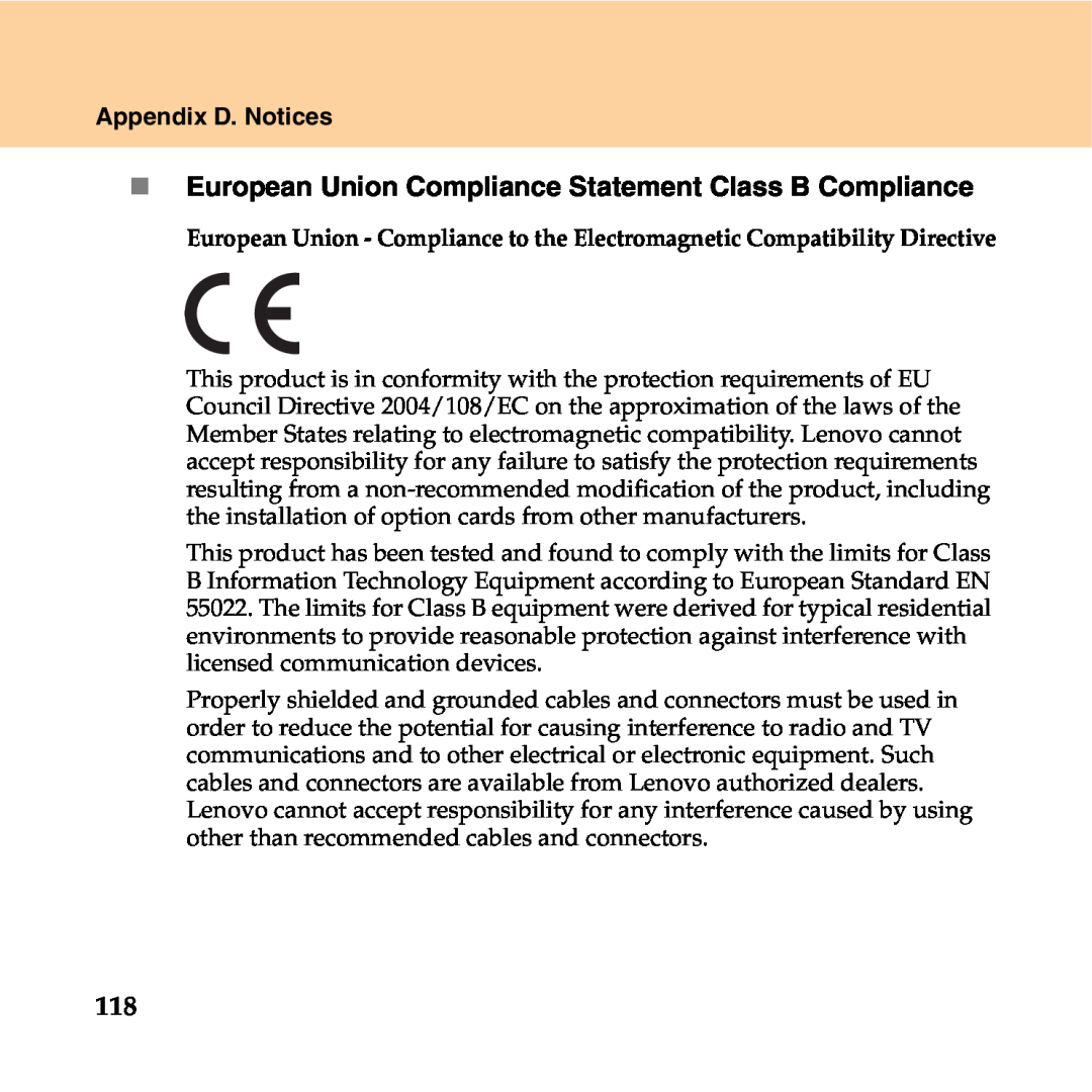 Lenovo Y550P manual „ European Union Compliance Statement Class B Compliance, Appendix D. Notices 