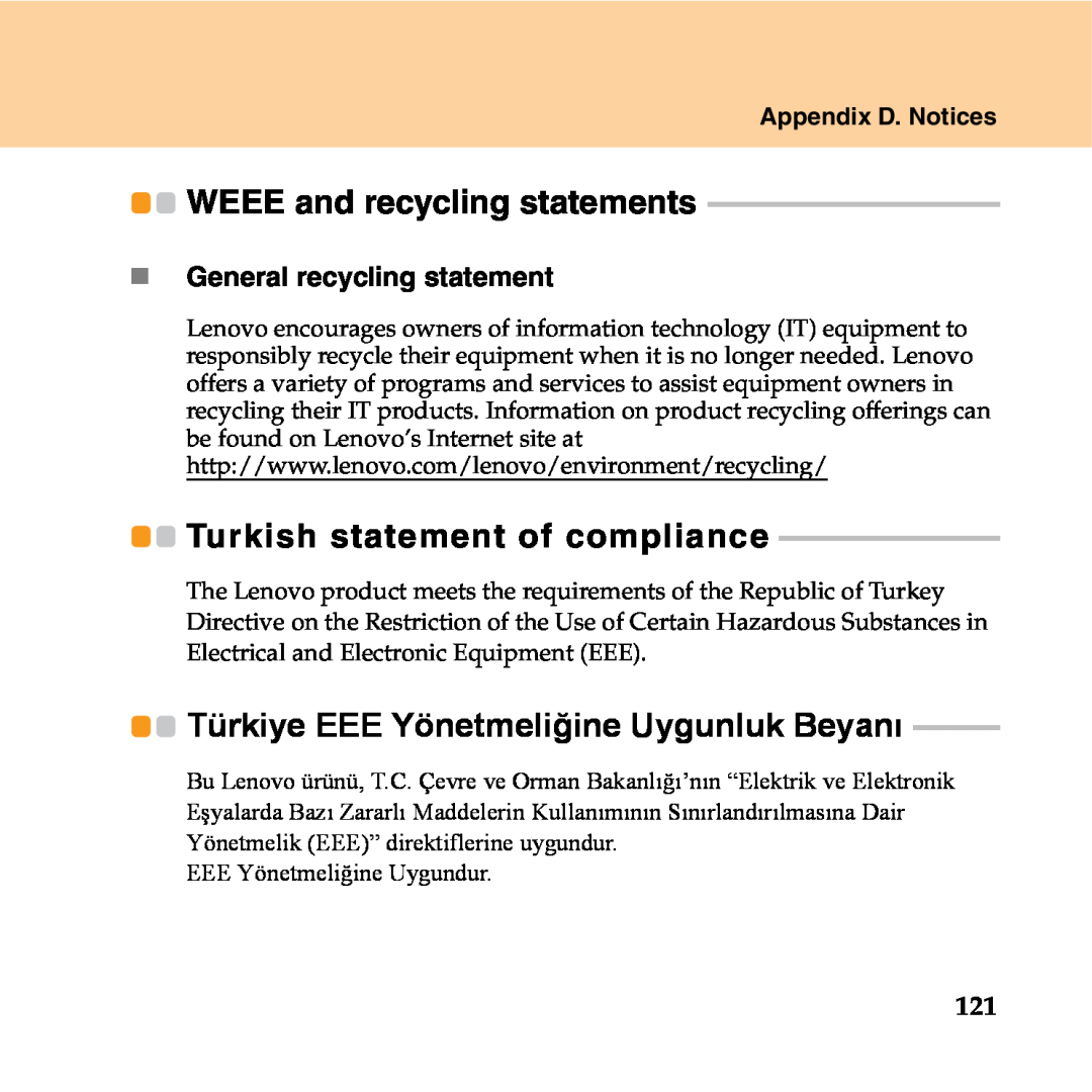Lenovo Y550P Turkish statement of compliance, Türkiye EEE Yönetmeliğine Uygunluk Beyanı, WEEE and recycling statements 