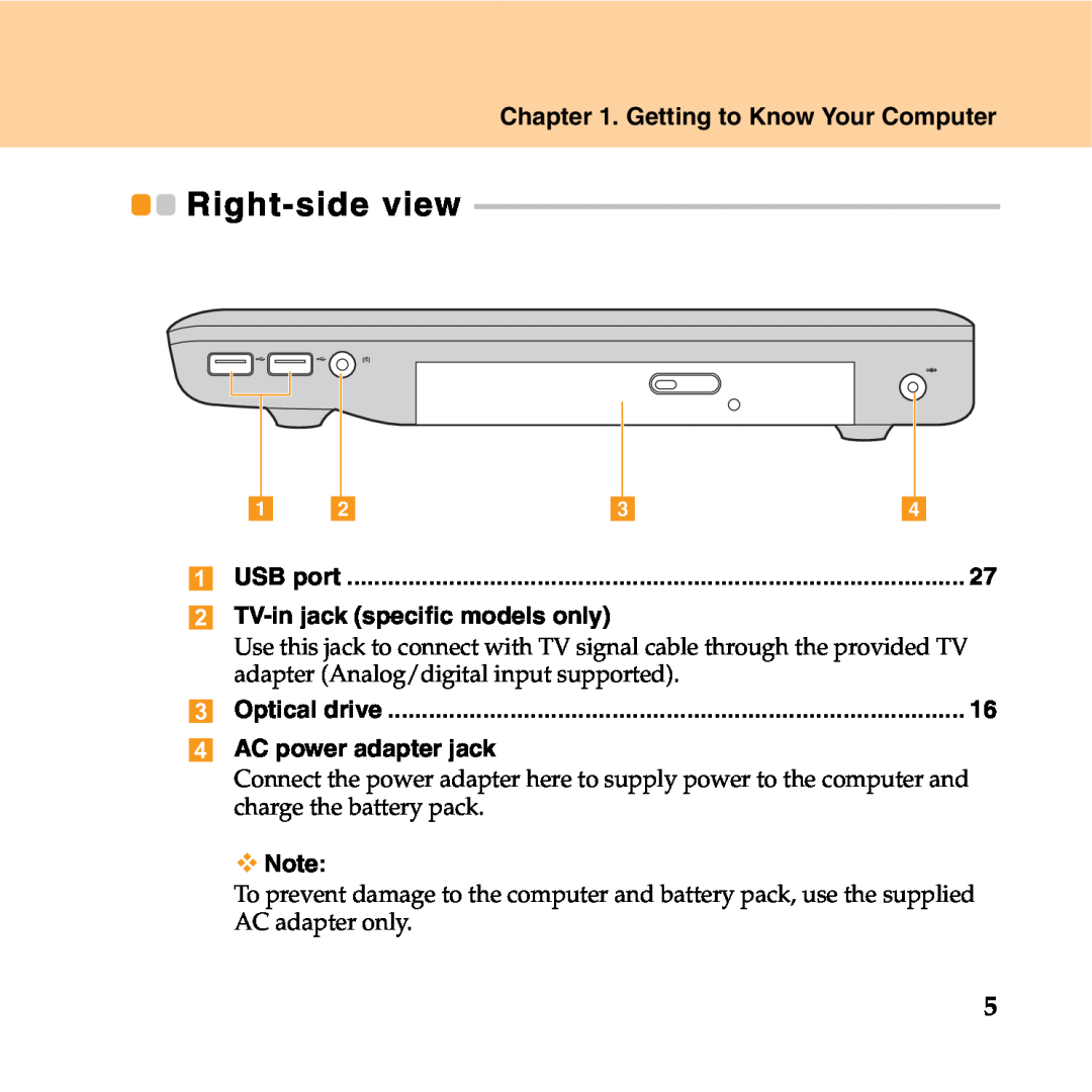 Lenovo Y550P manual Right-side view, Getting to Know Your Computer, TV-in jack specific models only, AC power adapter jack 