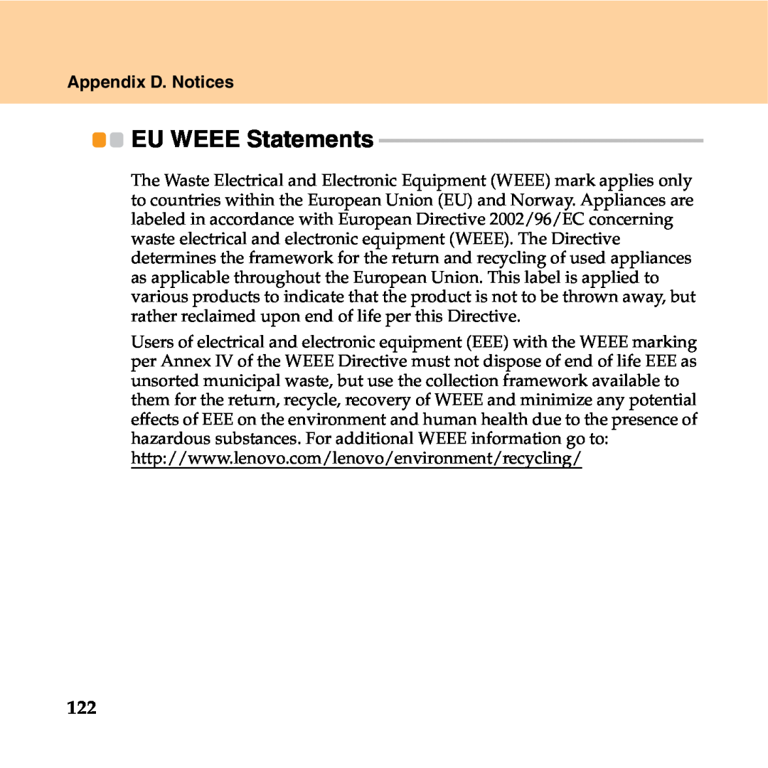 Lenovo Y550P manual EU WEEE Statements, Appendix D. Notices 