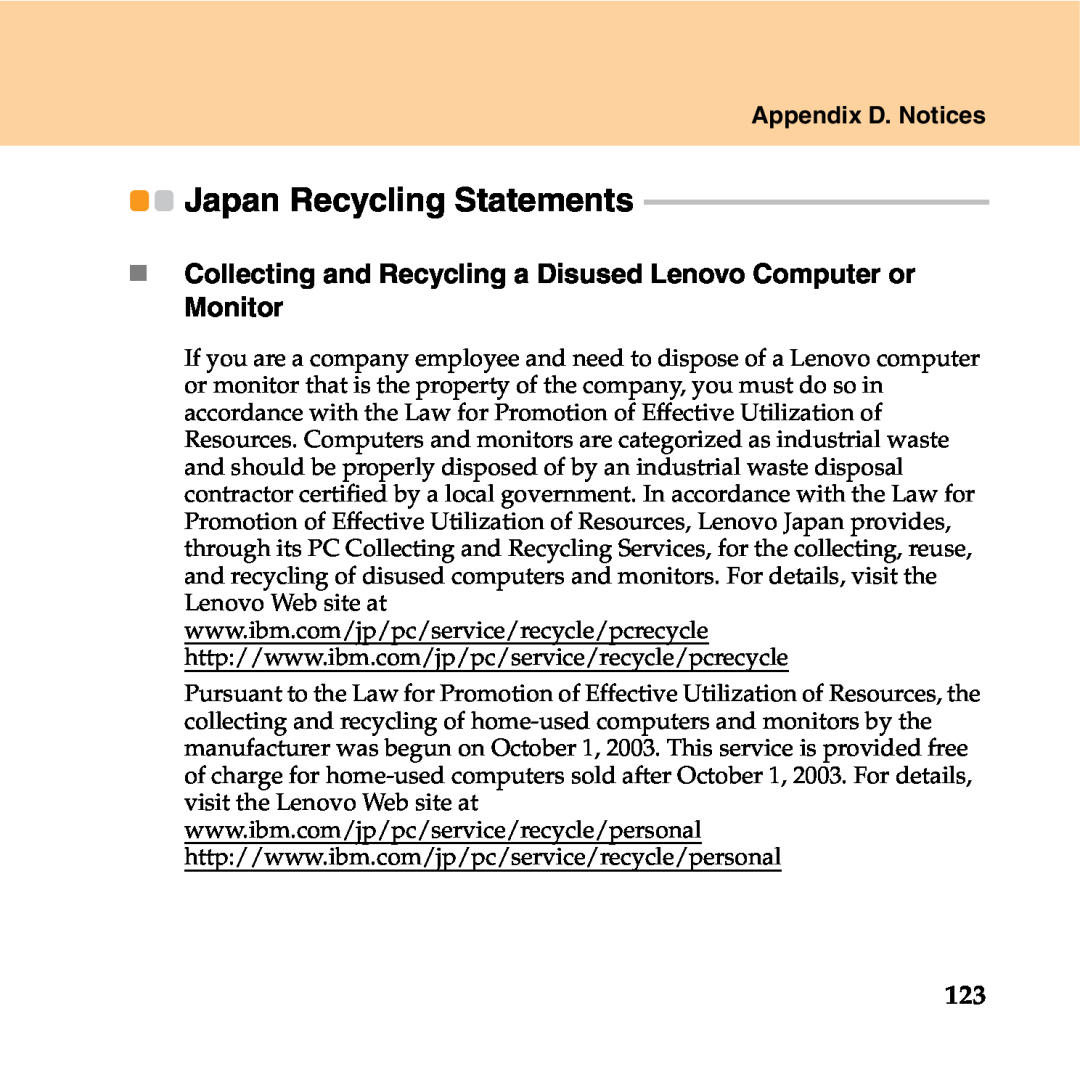 Lenovo Y550P manual Japan Recycling Statements, „ Collecting and Recycling a Disused Lenovo Computer or Monitor 