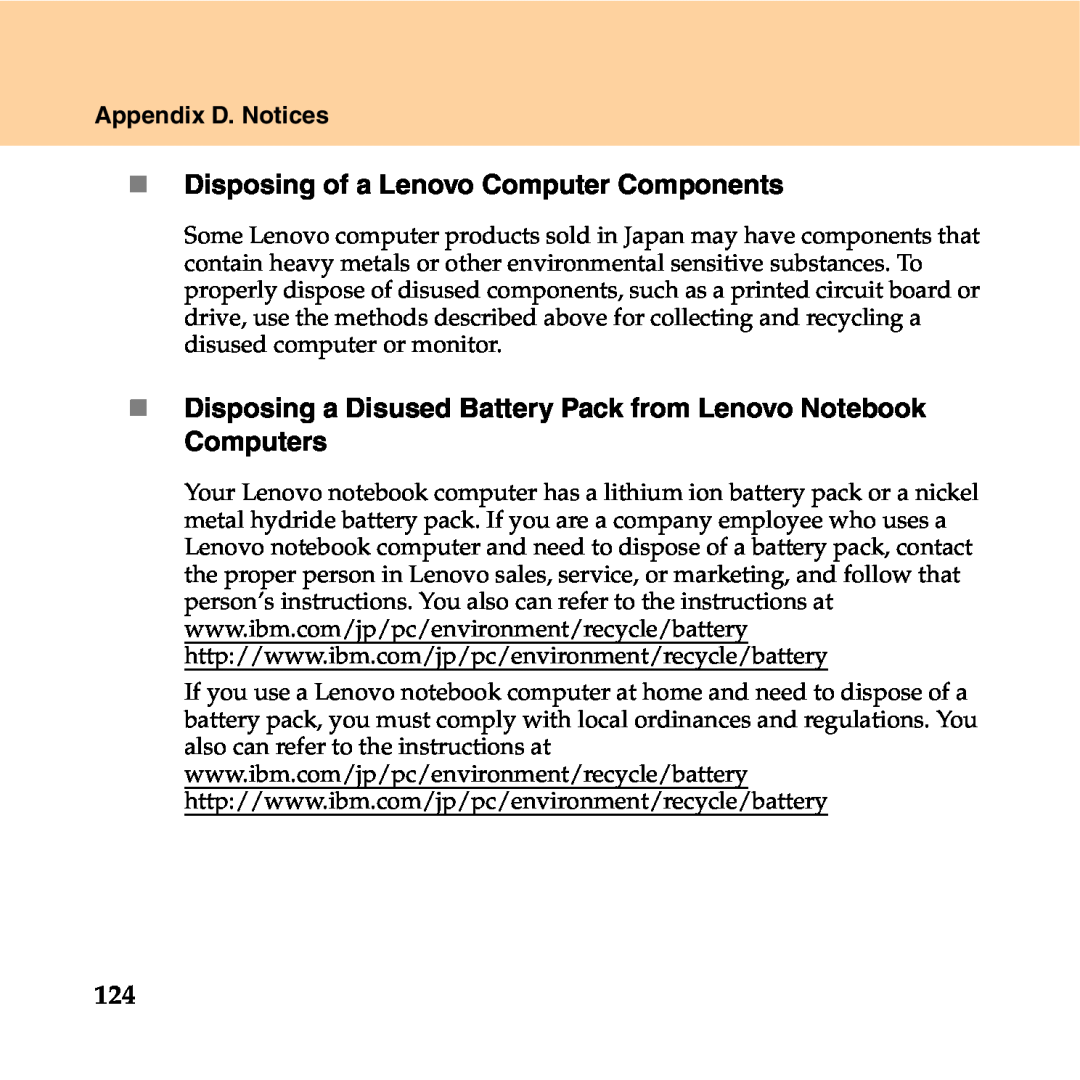 Lenovo Y550P manual „ Disposing of a Lenovo Computer Components, Appendix D. Notices 