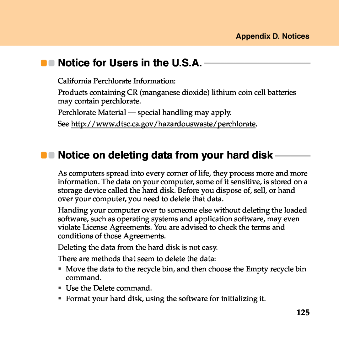 Lenovo Y550P manual Notice on deleting data from your hard disk, Notice for Users in the U.S.A, Appendix D. Notices 