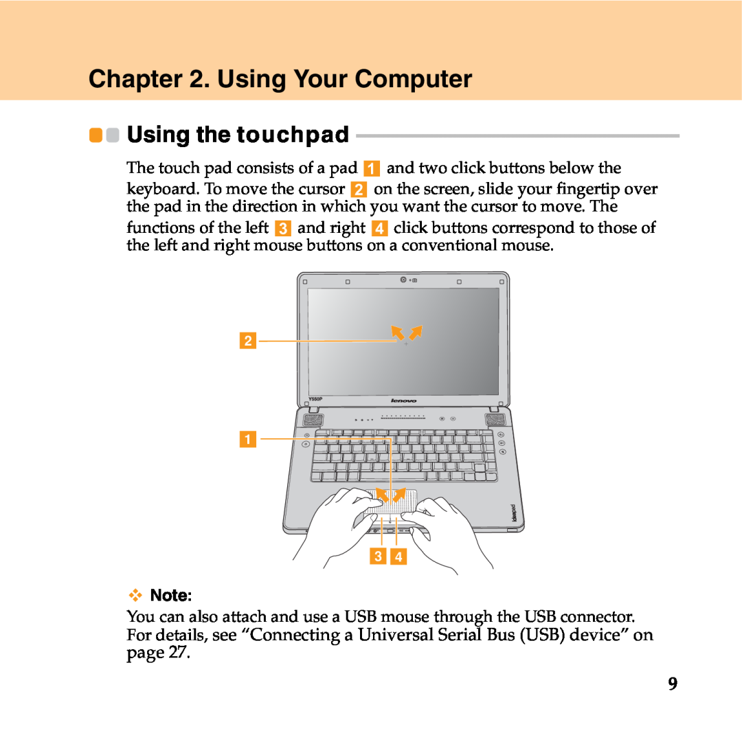 Lenovo Y550P manual Using Your Computer, Using the touchpad, b a cd 