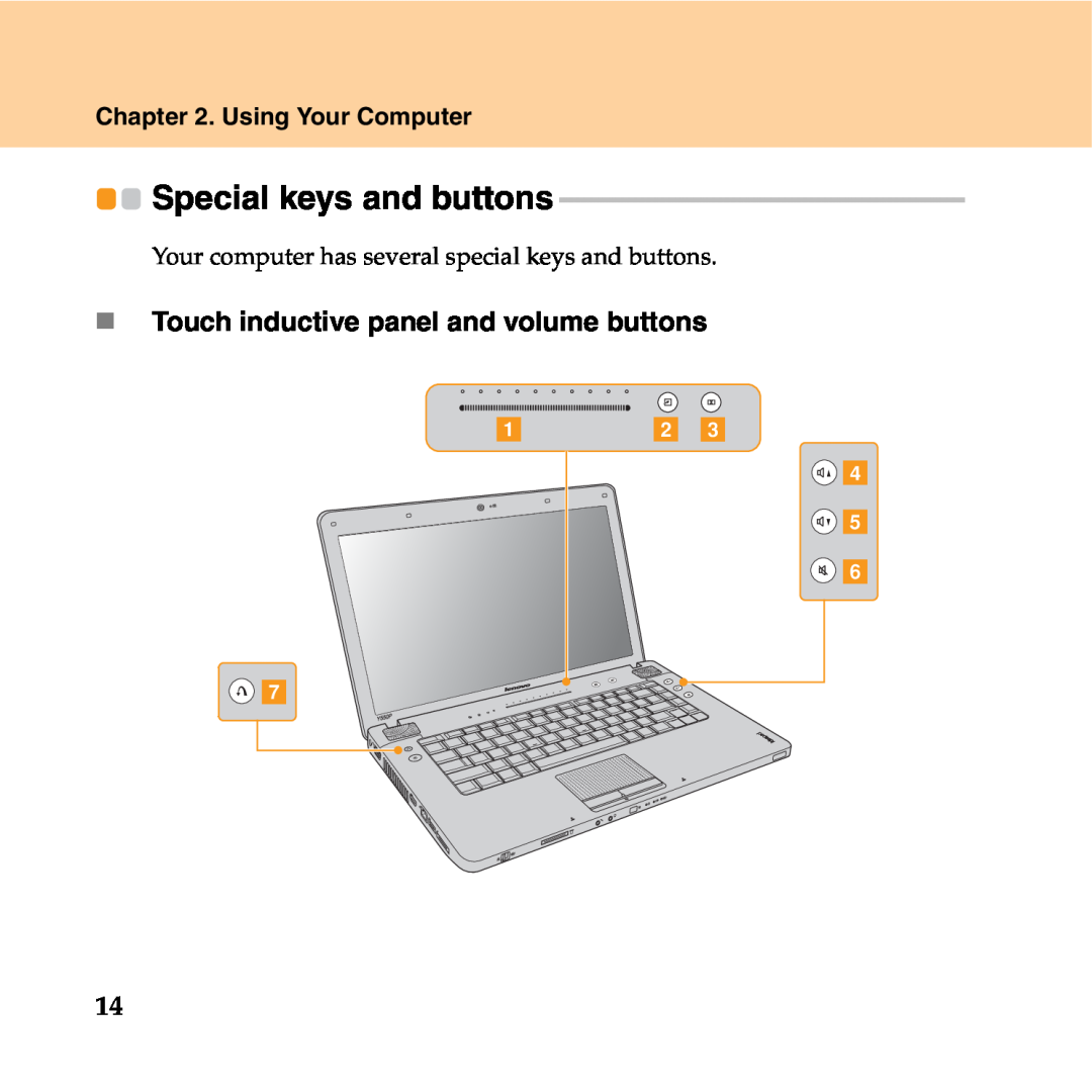 Lenovo Y550P manual Special keys and buttons, „ Touch inductive panel and volume buttons, Using Your Computer, d e f g 