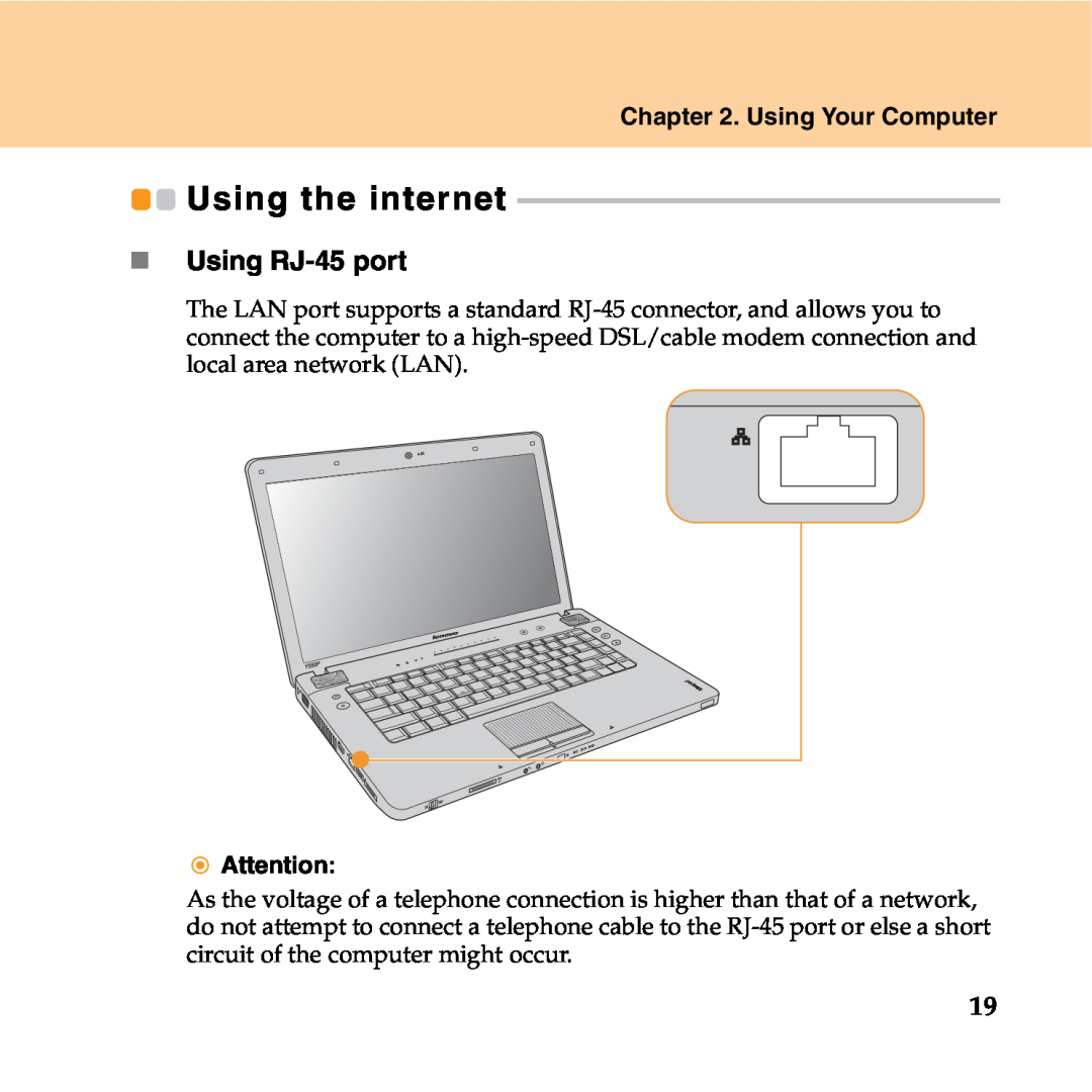 Lenovo Y550P manual Using the internet, „ Using RJ-45 port, Using Your Computer 