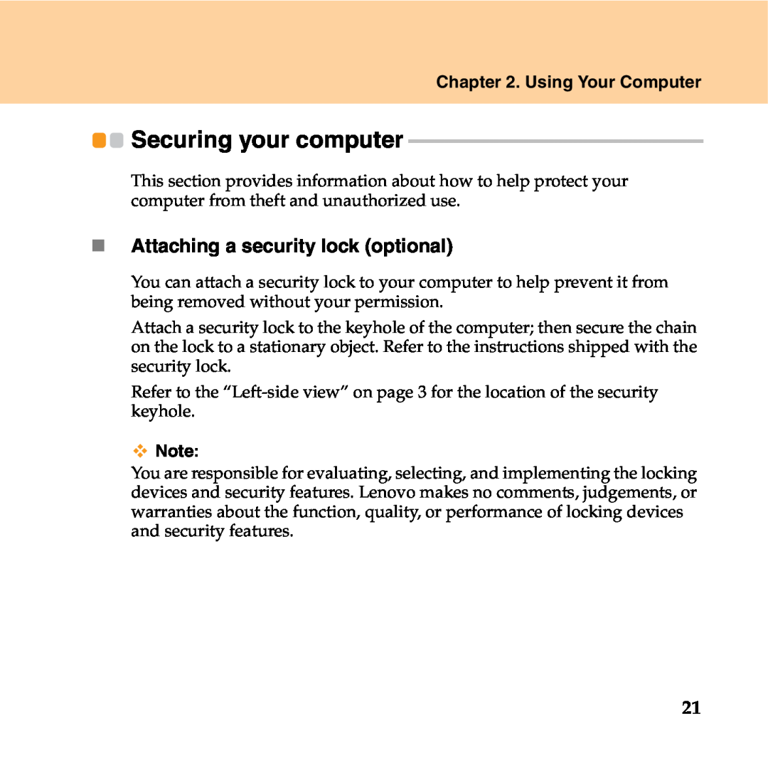 Lenovo Y550P manual Securing your computer, „ Attaching a security lock optional, Using Your Computer 