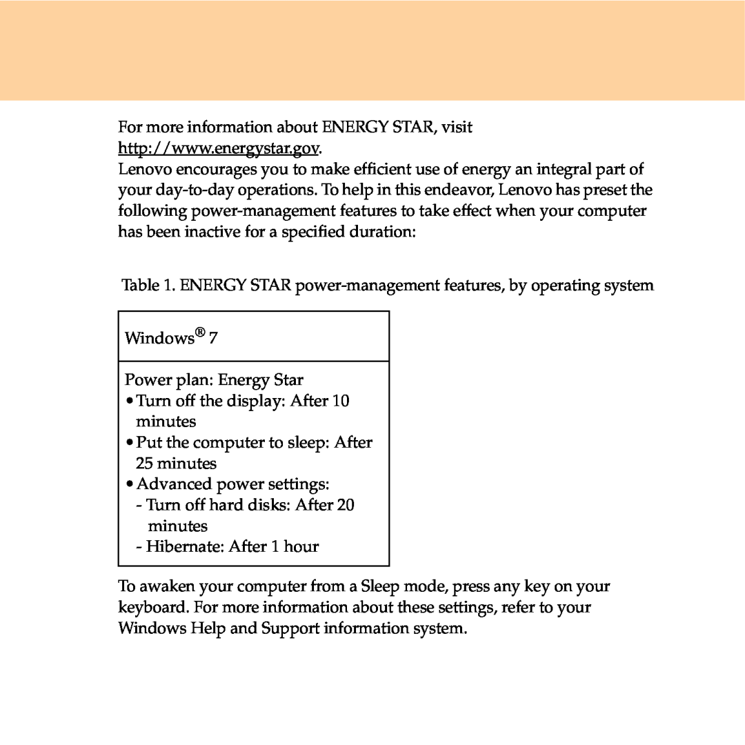 Lenovo Y550P manual ENERGY STAR power-management features, by operating system 