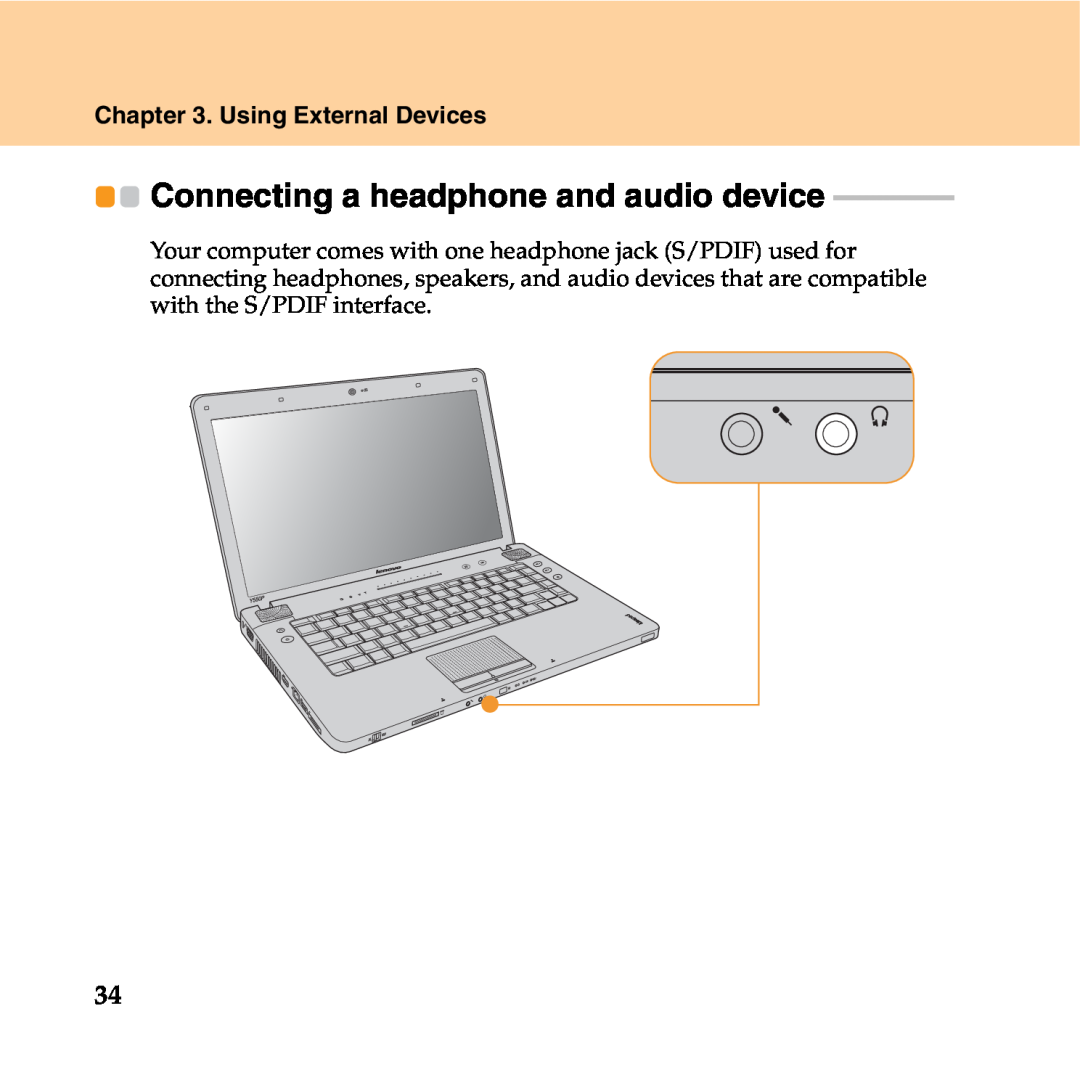 Lenovo Y550P manual Connecting a headphone and audio device, Using External Devices 