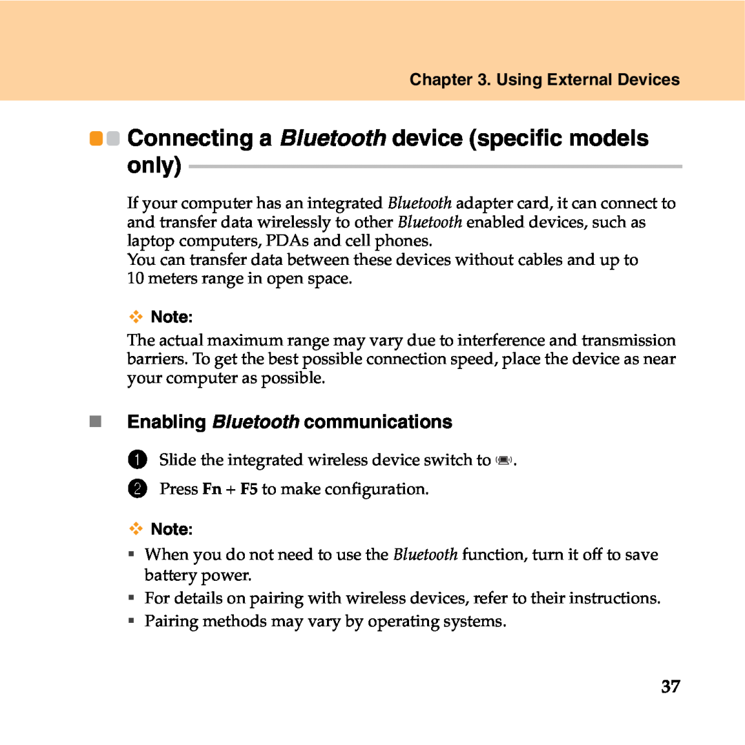 Lenovo Y550P manual „ Enabling Bluetooth communications, Using External Devices 