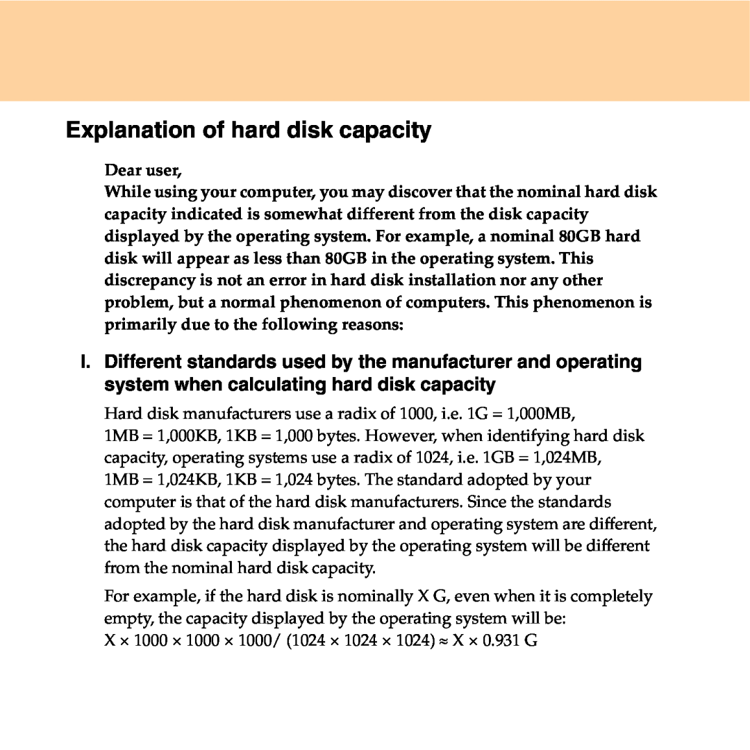 Lenovo Y550P manual Explanation of hard disk capacity 