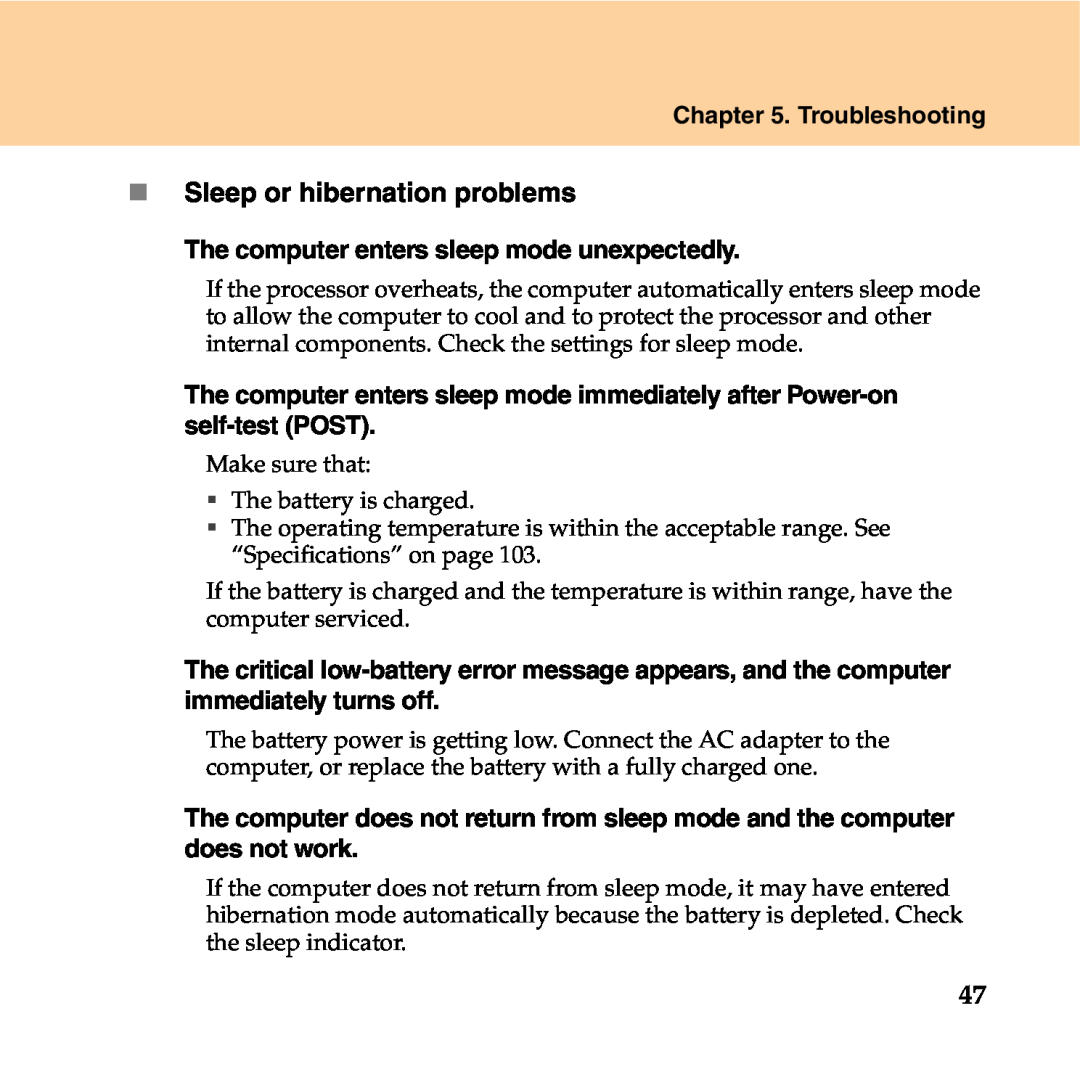 Lenovo Y550P manual „ Sleep or hibernation problems, Troubleshooting, The computer enters sleep mode unexpectedly 