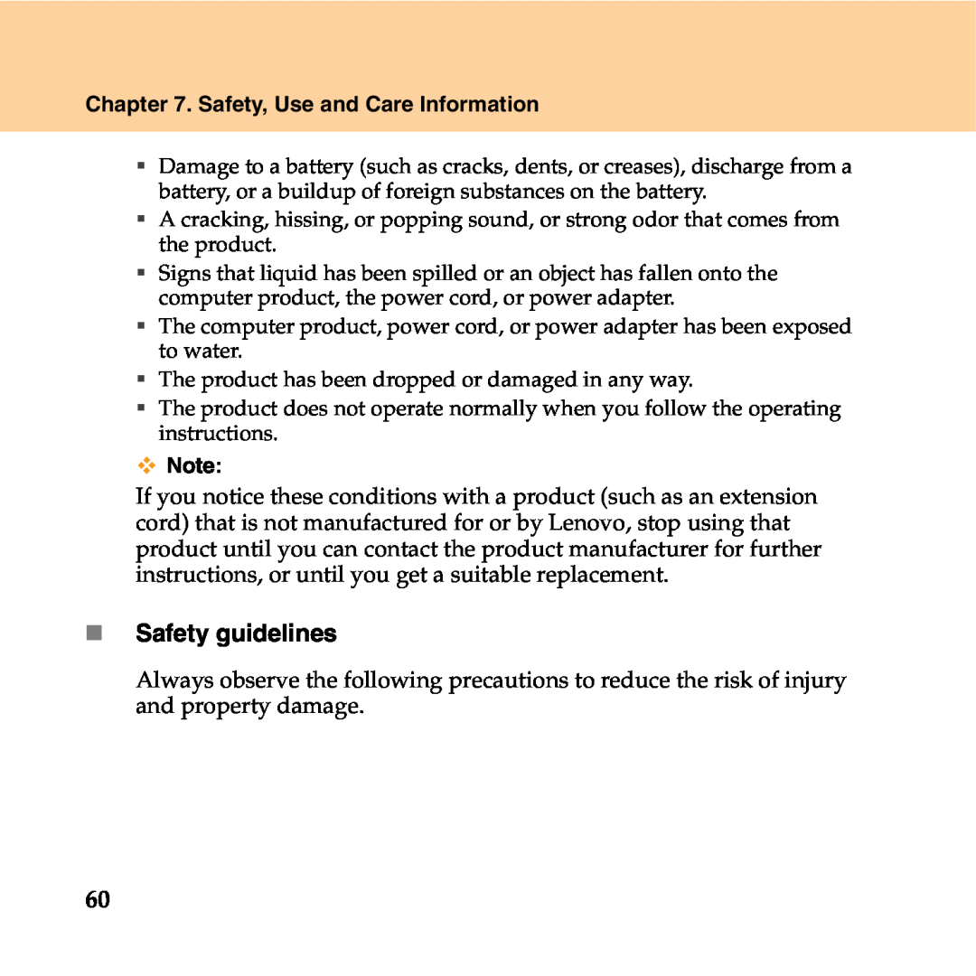 Lenovo Y550P manual „ Safety guidelines, Safety, Use and Care Information 